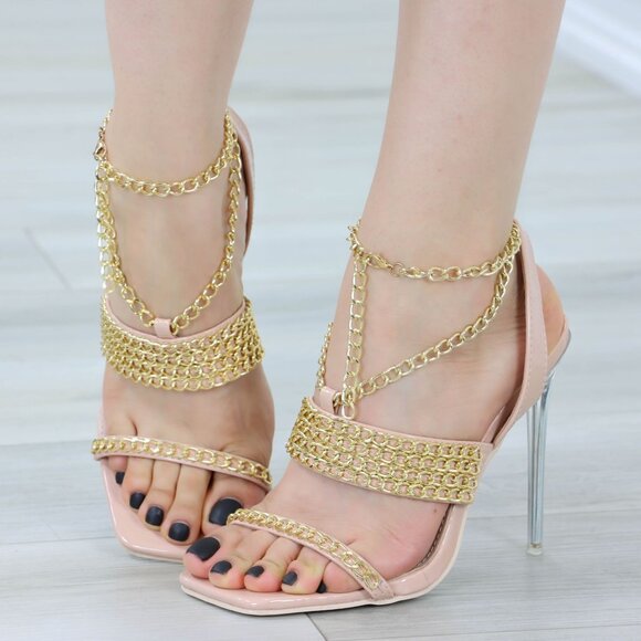 Open Square Toe High Heel Sandals Gold Chain Ankle Strap Clear Stilettos Nude - Picture 13 of 13